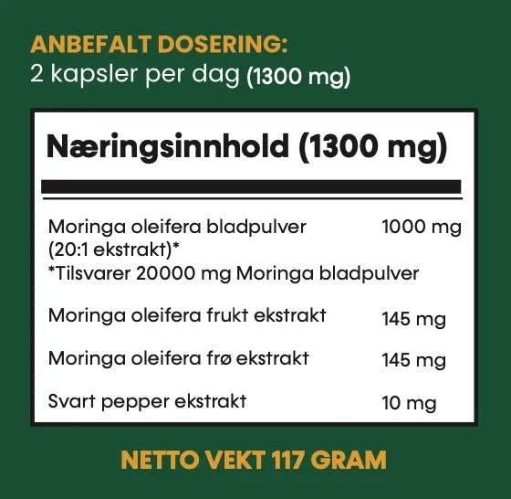 Moringa Kapsler - 3 MND. Forbruk - Potent Trippel Kompleks - 180 Kapsler 650mg - MINGA