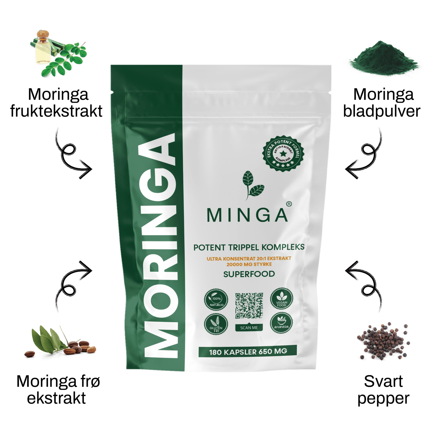 Moringa Kapsler - 3 MND. Forbruk - Potent Trippel Kompleks - 180 Kapsler 650mg - MINGA