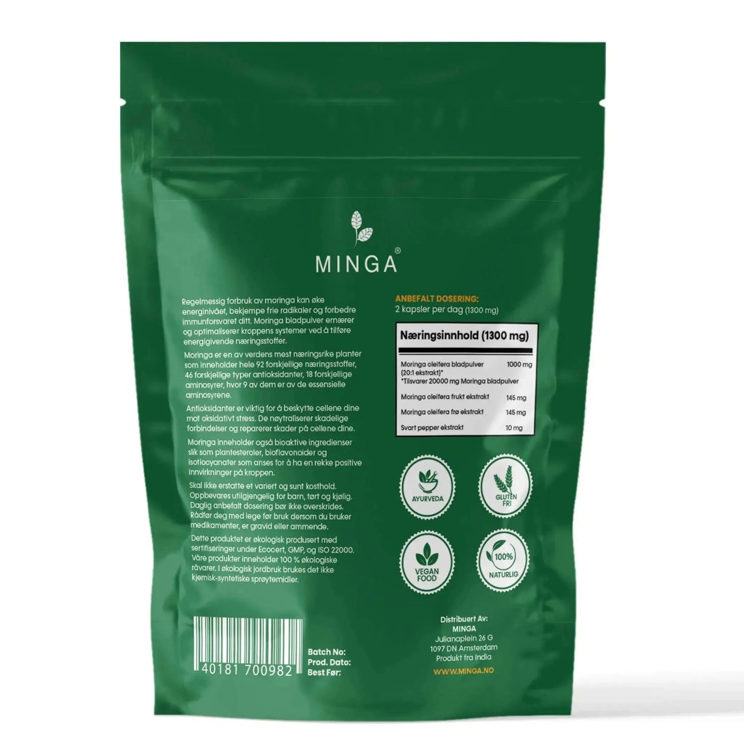 Moringa Kapsler - 3 MND. Forbruk - Potent Trippel Kompleks - 180 Kapsler 650mg - MINGA