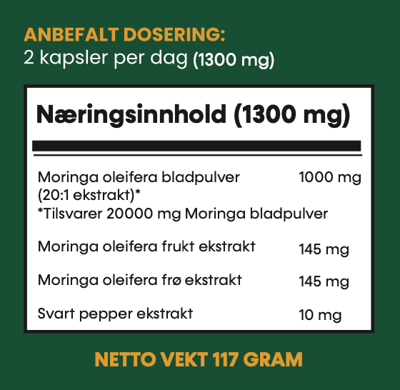 Moringa Kapsler Abonnement - 3 MND. Forbruk - Potent Trippel Kompleks - 180 Kapsler 650mg