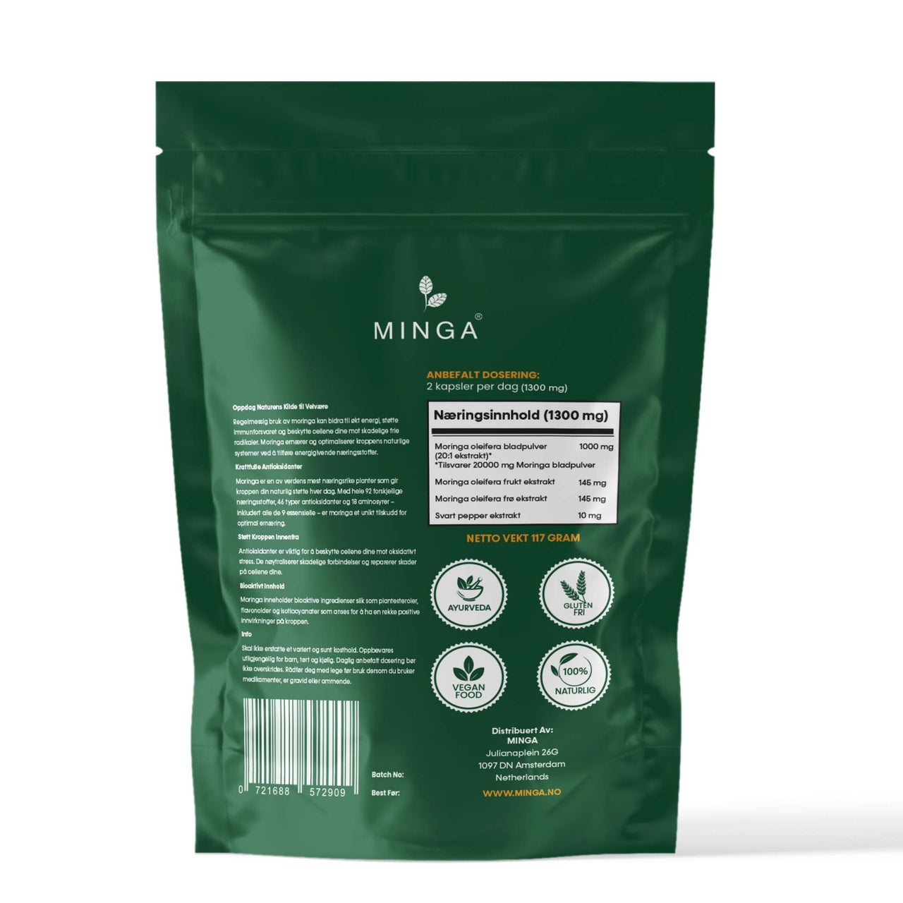Moringa Kapsler Abonnement - 3 MND. Forbruk - Potent Trippel Kompleks - 180 Kapsler 650mg