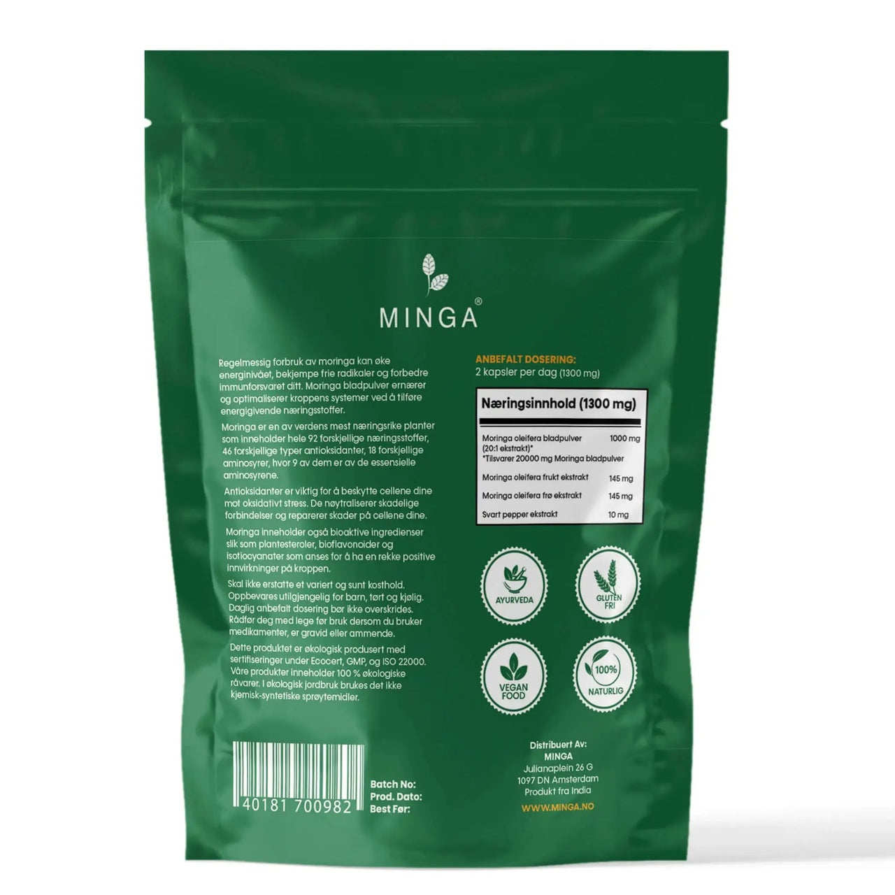 Moringa Kapsler Abonnement - 3 MND. Forbruk - Ekstra Potent Formel - 180 Kapsler 650mg