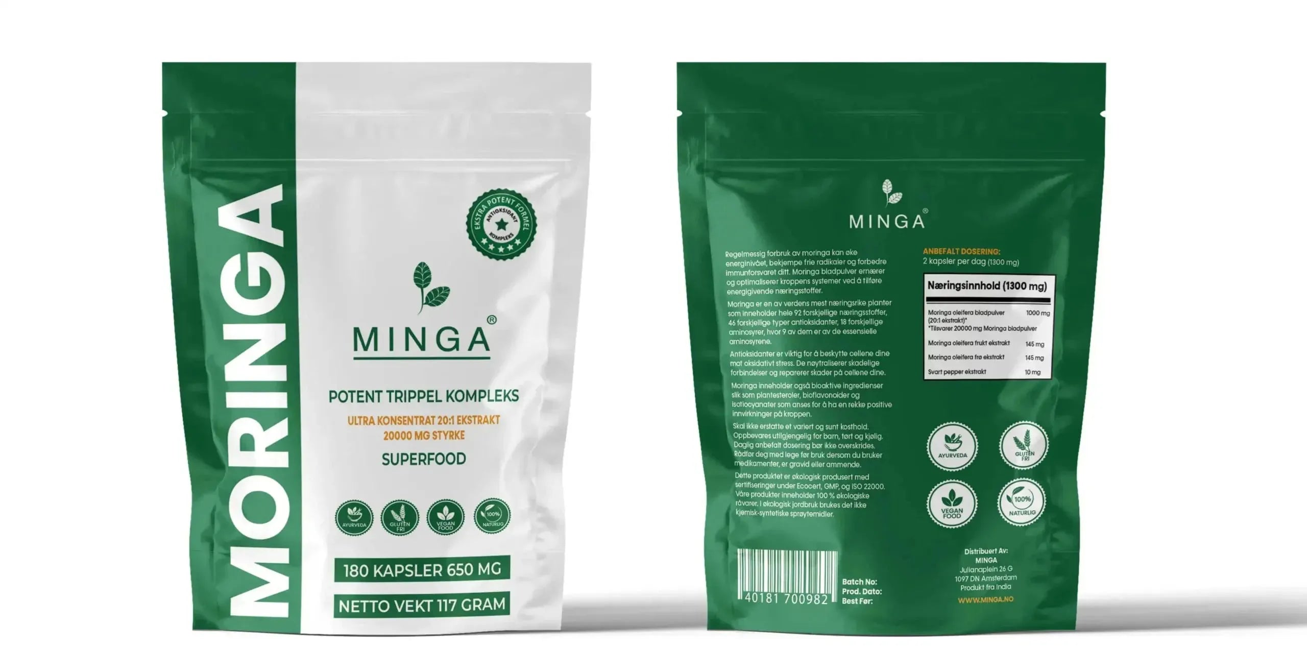 Moringa Kapsler - 3 MND. Forbruk - Ekstra Potent Formel - 180 Kapsler 650mg