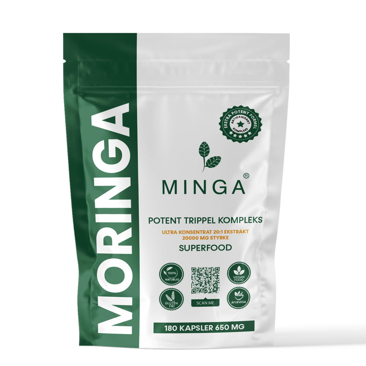 Moringa Kapsler - 3 MND. Forbruk - Potent Trippel Kompleks - 180 Kapsler 650mg