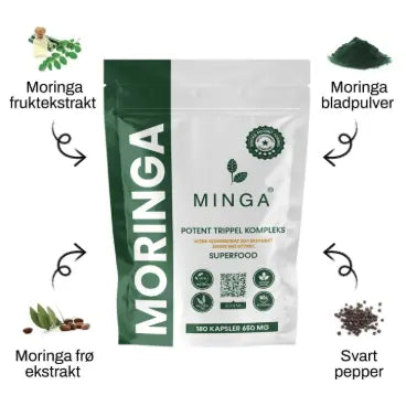 MINGA Moringa Kapsler – fruktekstrakt, bladpulver, frøekstrakt og svart pepper