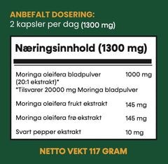 Moringa Kapsler - 3 MND. Forbruk - Potent Trippel Kompleks - 180 Kapsler 650mg - MINGA