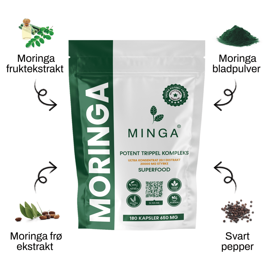 Moringa Kapsler - 3 MND. Forbruk - Potent Trippel Kompleks - 180 Kapsler 650mg - MINGA