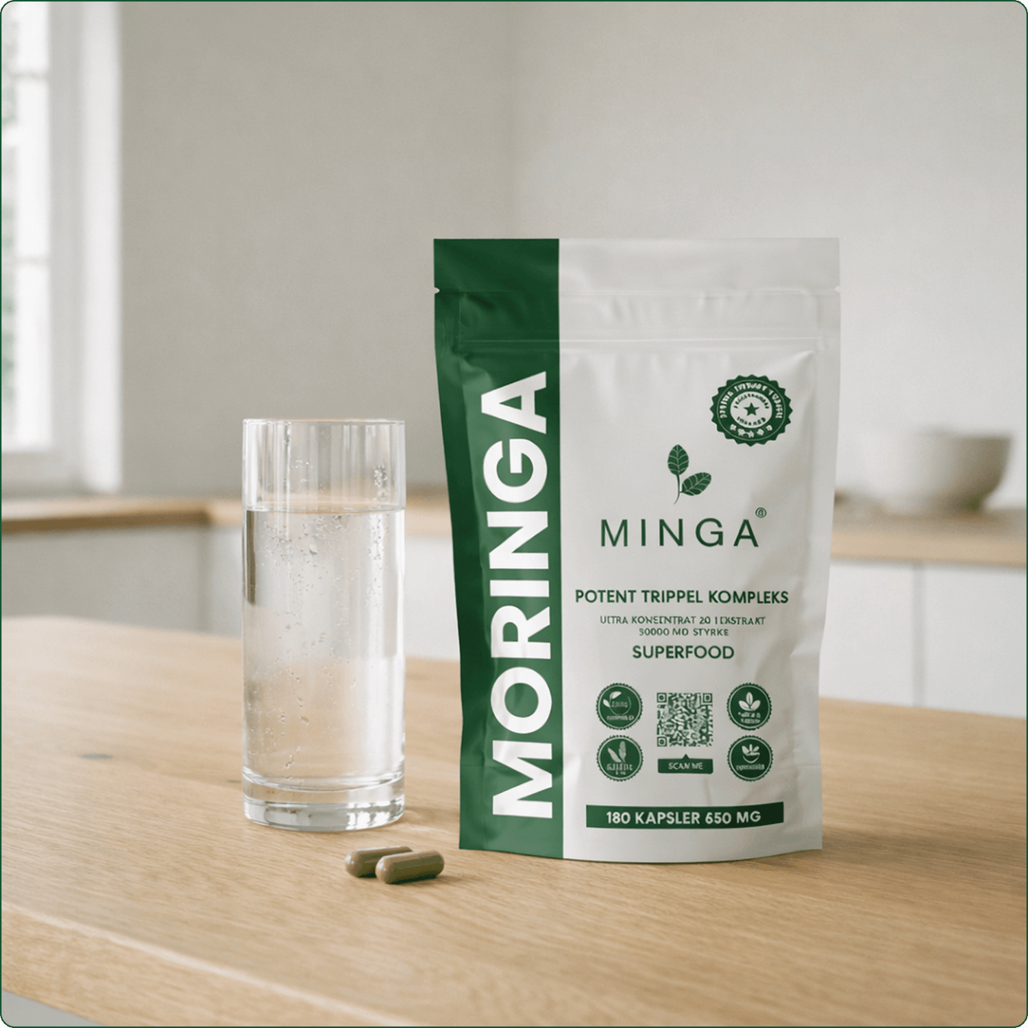 Moringa Kapsler - 3 MND. Forbruk - Premium Potent Trippel Kompleks - 180 Kapsler 650mg - Abonnement - MINGA