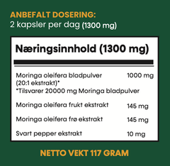 Moringa Kapsler Ab. - 3 MND. Forbruk - Potent Trippel Kompleks - 180 Kapsler 650mg - MINGA