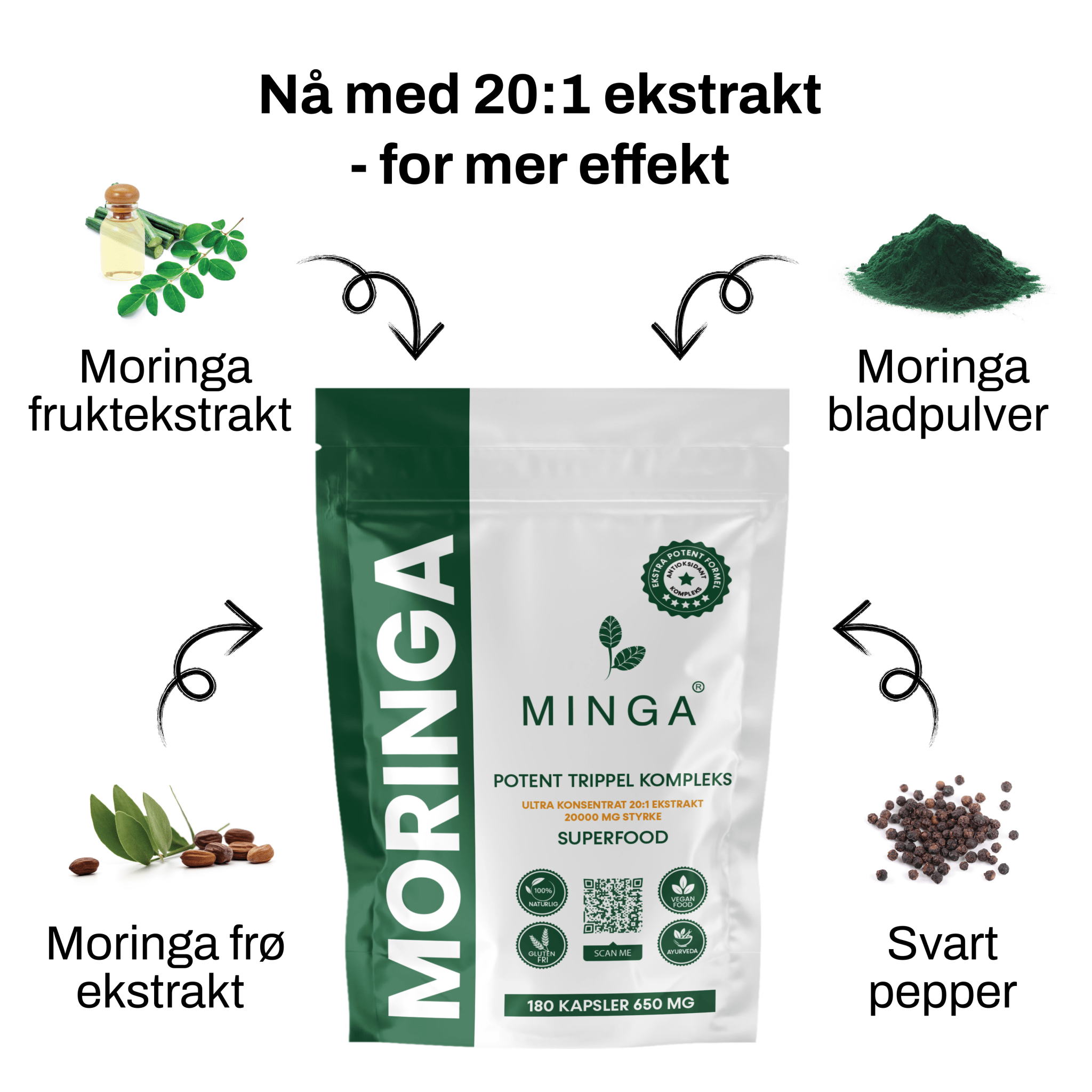 Moringa Kapsler Ab. - 3 MND. Forbruk - Potent Trippel Kompleks - 180 Kapsler 650mg - MINGA