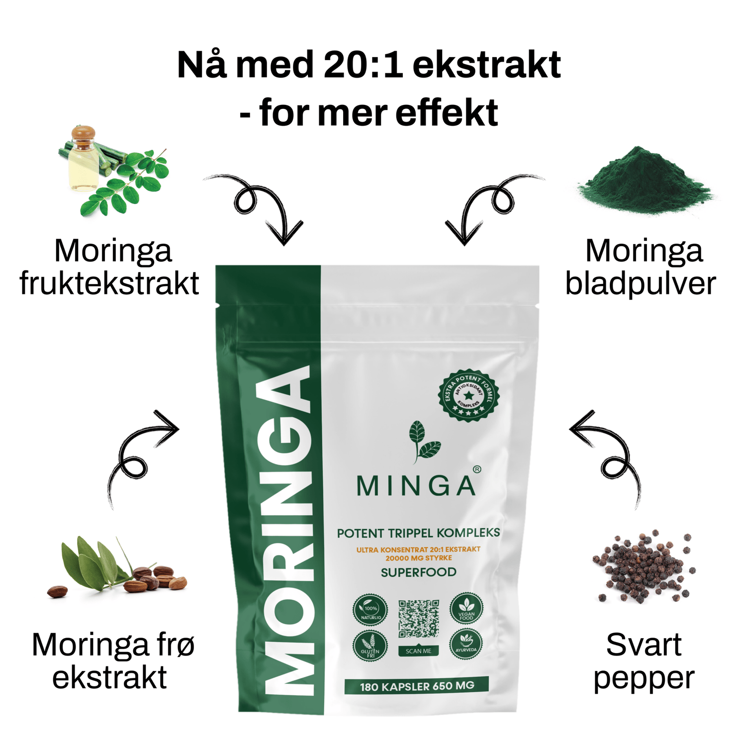 Moringa Kapsler Ab. - 3 MND. Forbruk - Potent Trippel Kompleks - 180 Kapsler 650mg - MINGA