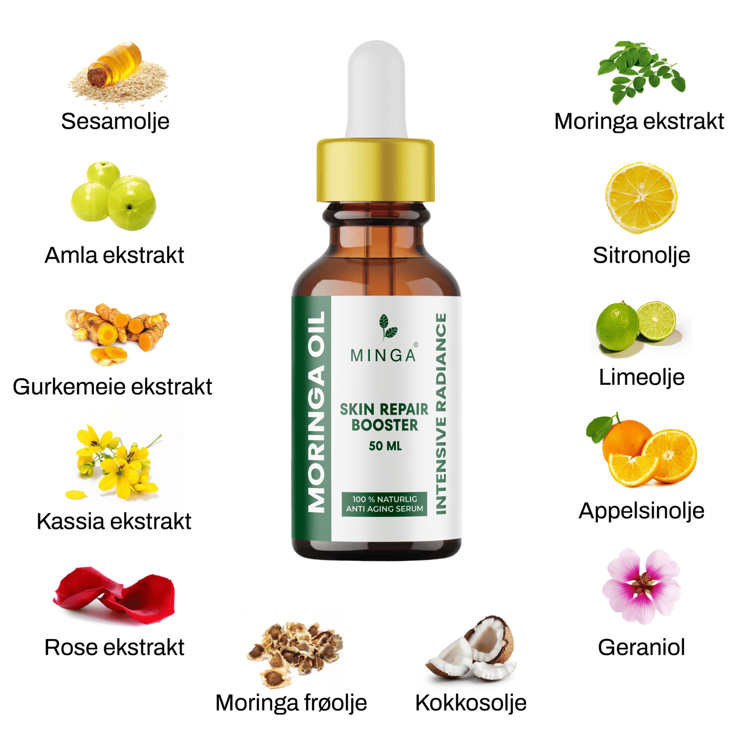 Moringa Olje – Skin Repair Booster - 12 Unike Naturlige Ingredienser – 50 ml - MINGA