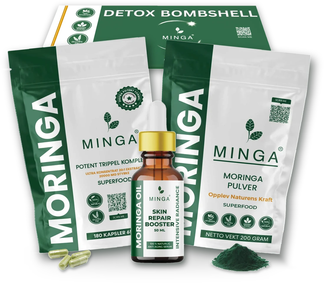 MINGA Deluxe Box: Moringa Kapsler, Moringa Pulver, Moringa Olje og Detox Bombshell